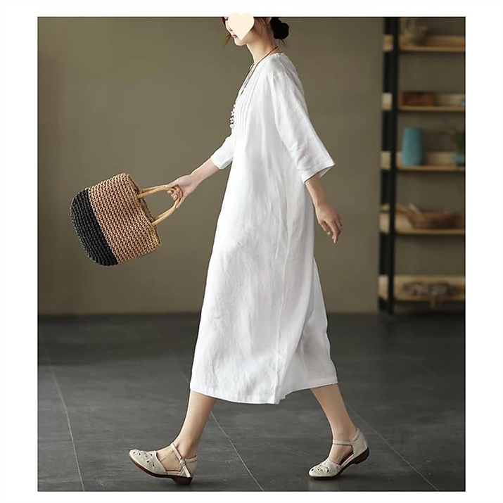 Đầm suông linen tay lỡ cổ phát V, chất vải linen tự nhiên mềm mát,thời trang cho phái nữ Da78 1