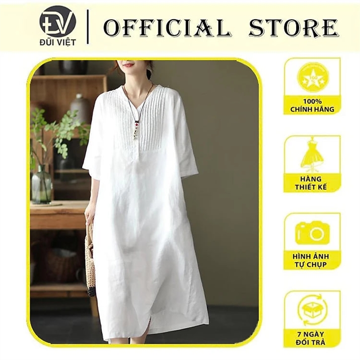 Đầm suông linen tay lỡ cổ phát V, chất vải linen tự nhiên mềm mát,thời trang cho phái nữ Da78 3